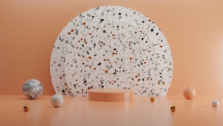Stone cylinder podium, product display stand on color salmon backgroundの写真素材