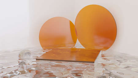 glass cylinder podium, product display stand on color orangeの写真素材