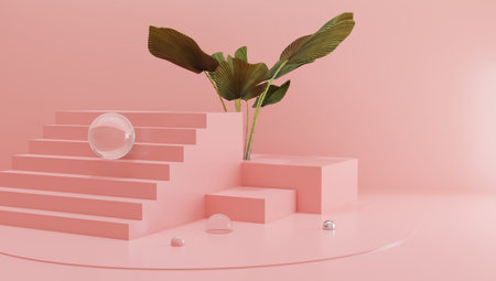 Stone cylinder podium, product display stand on pastel pink backgroundの写真素材