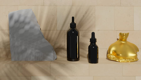 Sample of bathroom products on tiled backdrop for sample of perfumery and bathroom products.