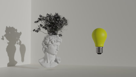 Brainstorming concept. Davids head sprouting ideas in the form of light bulbs. 3d renderingの写真素材