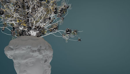 Brainstorming concept. Davids head sprouting ideas in the form of light bulbs. 3d rendering