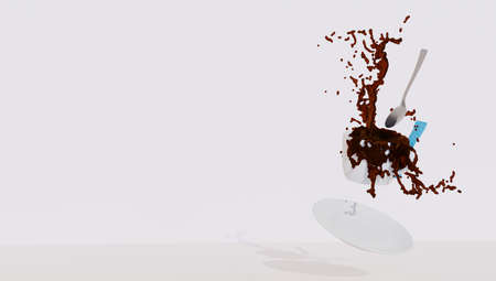 Cup of coffee overflowing due to gravity effect in fallの写真素材