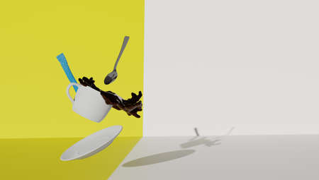 Cup of coffee overflowing due to gravity effect in fallの写真素材