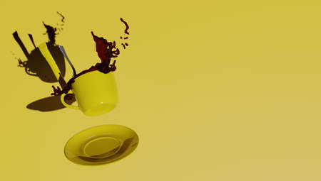 Cup of coffee overflowing due to gravity effect in fallの写真素材