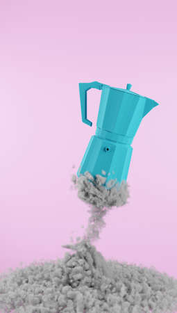 Coffee maker looking up to the sky to start the day with a bang. Blue coffee maker on pink background leaving a trail of smokeの写真素材