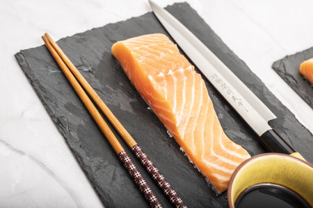 Salmon loins for sushi and sashimi cooking. raw fishの写真素材