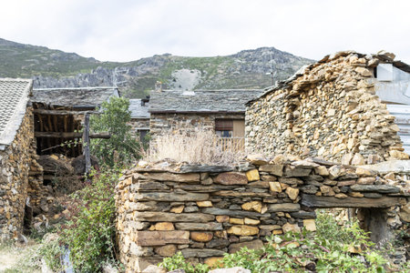 Typical rural landscapes built with black slate stone. Black villages of the alcarriaの写真素材