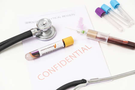 Close-up of positive blood sample from growth hormone.の写真素材
