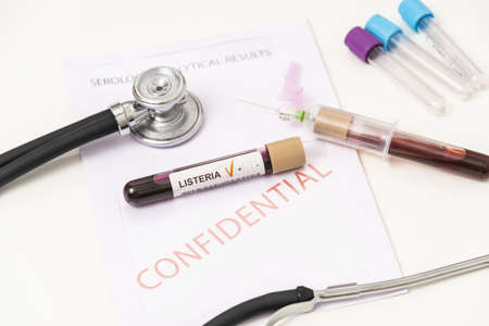 Test tube with blood sample for Listeria bacteria test, diagnosis for Listeriosis.の写真素材