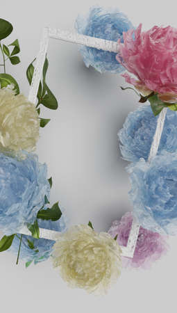 Sample of products on a Gruiego-style background. Blurred background. 3d rendering.の写真素材