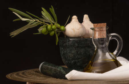 Virgin olive oil from Spain on a black background.の写真素材