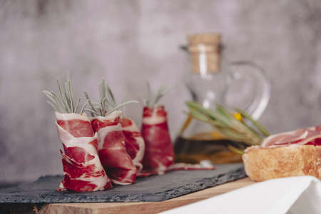 Dish of Extremadura Serrano ham from acorn-fed pigs.の写真素材