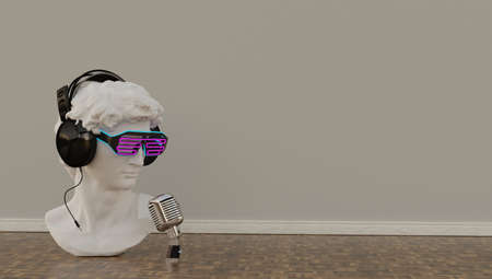 Statue. Isolated. Gypsum statue of Davids head. Man. Creative. Plaster statue of Davids head in blue sunglasses. Minimal concept art.の写真素材