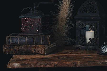 Fortune telling on coffee grounds by candlelight.の写真素材