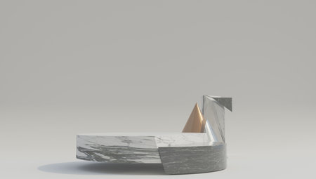 White marble geometric podium with dark black background. 3d rendering.の写真素材