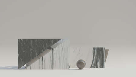 White marble geometric podium with dark black background. 3d rendering.の写真素材