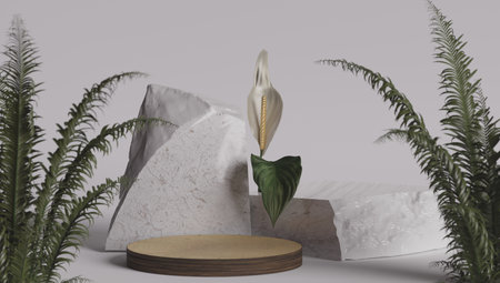 marble texture table and green leaf wall product display background.3d perspective studio photography stand.banner mokc up space for showcase product.empty countertop.ecology friendly concept.の写真素材