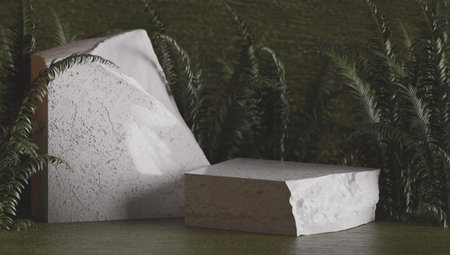 marble texture table and green leaf wall product display background.3d perspective studio photography stand.banner mokc up space for showcase product.empty countertop.ecology friendly concept.の写真素材