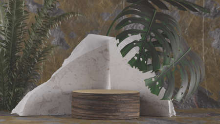 marble texture table and green leaf wall product display background.3d perspective studio photography stand.banner mokc up space for showcase product.empty countertop.ecology friendly concept.の写真素材