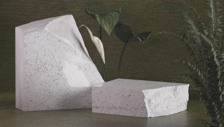 marble texture table and green leaf wall product display background.3d perspective studio photography stand.banner mokc up space for showcase product.empty countertop.ecology friendly concept.の写真素材