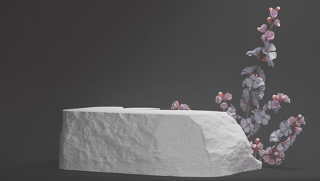 Pastel purple and white stone marble display set for product background decorate with white flower.の写真素材