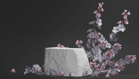 Pastel purple and white stone marble display set for product background decorate with white flower.の写真素材