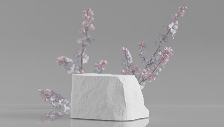 Elegant podium for displaying perfumery, gift and cosmetic products. Split stone in white tones with plants. with copy space - 3D rendering.の写真素材