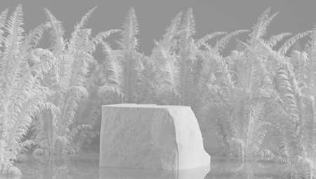 Elegant podium for displaying perfumery, gift and cosmetic products. Split stone in white tones with plants. with copy space - 3D rendering.の写真素材