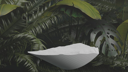 Cosmetics product advertising stand. Exhibition marble podium on green background with palm leaves and shadows. Empty pedestal to display product packaging. Mockup. 3d rendering.の写真素材