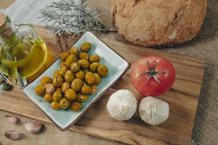 Tapas on Crusty Bread - Selection of Spanish tapas served on a sliced baguette.の写真素材