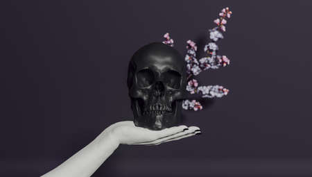 3d rendering of a skull holding a skull in the hands of a woman.の写真素材