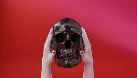 3d rendering of a skull holding a skull in the hands of a woman.の写真素材