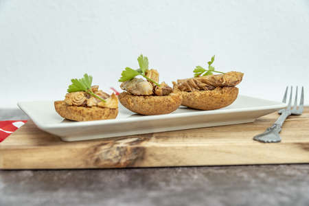 Plate of toasted bread with mackerel in pickled sauce, a typical Spanish tapa.の写真素材