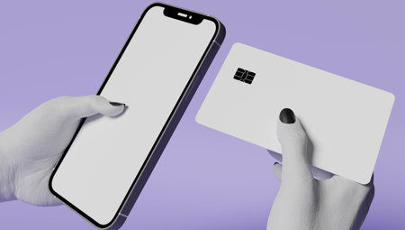 3d rendering of a womans hands holding a phone with one hand and making the gesture of paying with the other hand with a credit card. Template for mockup.の写真素材