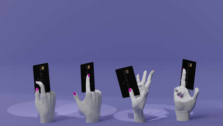 3d rendering of a womans hands holding a card and making the gesture of paying. Template for mockup.の写真素材