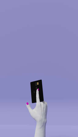 3d rendering of a womans hands holding a card and making the gesture of paying. Template for mockup.の写真素材