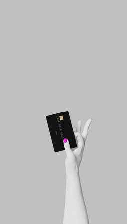 3d rendering of a womans hands holding a card and making the gesture of paying. Template for mockup.の写真素材