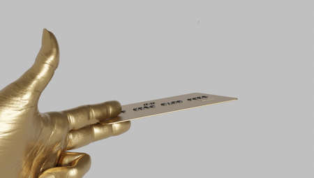 3d rendering of a womans hands holding a card and making the gesture of paying. Template for mockup.の写真素材