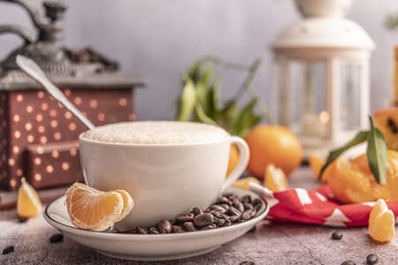 Concept of tasty breakfast with mandarin jam on white textured table.の写真素材