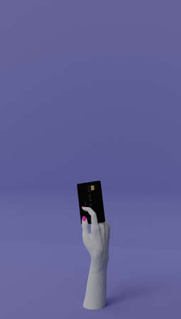 Female hand holding a bank card isolated on lilac background. 3d rendering.の写真素材