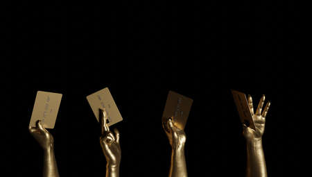 Female hand holding blank plastic credit card or business card on black isolated studio background. Banking services and acquaintance concept, copy space, cutout, low key. 3d rendering.の写真素材