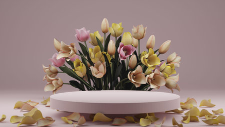 3D rendering tulipan flower background pink and yellow colors with geometric shape podium for product display, minimal concept, floral elements, beauty, cosmetic, valentines day.の写真素材