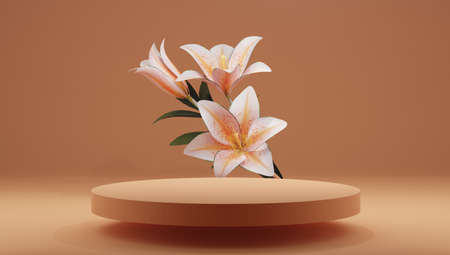 Abstract minimal scene with geometric forms. podium on colours background with flowers. product presentation, mock-up, cosmetic display, Podium, stage plinth or platform. 3d rendering.の写真素材