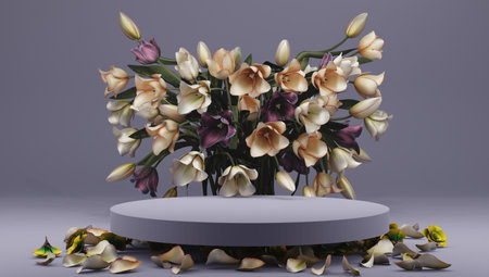 Abstract minimal scene with geometric forms. podium on colours background with flowers. product presentation, mock-up, cosmetic display, Podium, stage plinth or platform. 3d rendering.の写真素材