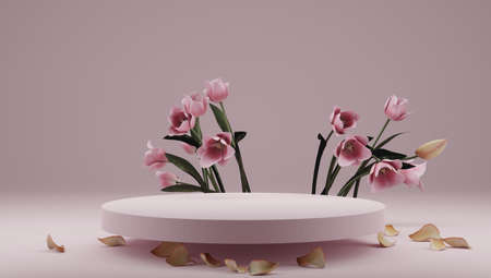 Abstract minimal scene with geometric forms. podium on colours background with flowers. product presentation, mock-up, cosmetic display, Podium, stage plinth or platform. 3d rendering.の写真素材