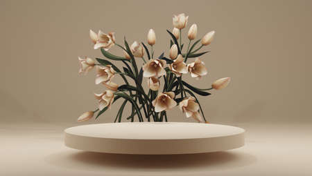 Podium, stand, showcase on pastel light, background and flowers. for premium product with nature plant, leaves.3d render.の写真素材