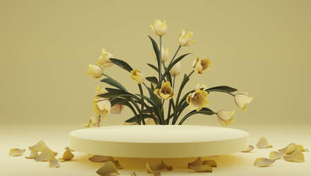 Podium, stand, showcase on pastel light, background and flowers. for premium product with nature plant, leaves.3d render.の写真素材