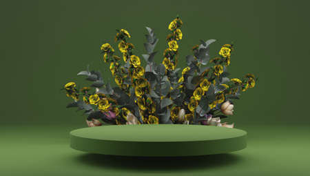 Podium, stand, showcase on pastel light, background and flowers. for premium product with nature plant, leaves.3d render.の写真素材