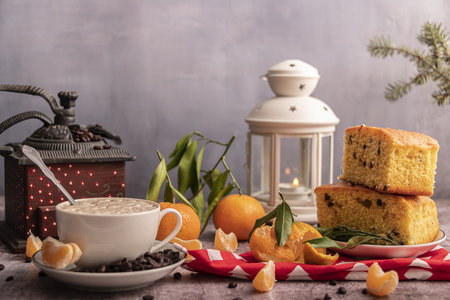 Concept of tasty breakfast with mandarin jam on white textured table.の写真素材